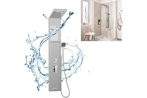 YUENFONG Panel prysznicowy 5 w 1 ze stali nierdzewnej, wielofunkcyjny prysznic, w zestawie deszczownica, wodospad, masaż pleców, słuchawka prysznicowa, łatwy montaż na ścianie, szczotkowane srebro