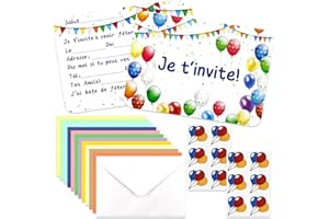 SHOWHEEL Carte Invitation Anniversaire Fille Garcon 12 Pièces, Carton Invitation Anniversaire avec Enveloppes et Autocollants Ballons, Colorée Invitation AnnIversaire Enfant
