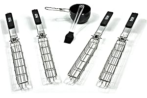NOWCOOKS BBQ basket for cooking Kabab Grill Baskets - Set of 4 Kebab Stainless Steel kebab grilling baskets, Foldable, Dishwasher Safe - Includes Oil Brush and Pan (BBQ Basket)
