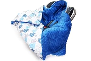 MillaLu Hooded CAR SEAT PADDED BABY BLANKET Reversible Cotton / Minky * COVER * COSYTOES * PUSHCHAIR BLANKET (Blue & Grey Elephants / Dark Blue Cuddle Plush)