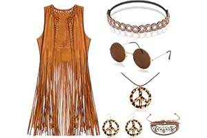 BEAMELY Accessori per costume hippie da donna, set hippie per costume degli anni70, gilet con nappine, fascia per bracciale, orecchini, collana, occhiali da sole, costume da discoteca