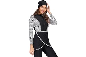 IBTOM CASTLE Muslimische Bademode Badeanzüge für Frauen, Burkini Damen Muslim, Langarm Top+Hosen+Hijab 3 Stücke Set Ganzkörper Badeanzug Floral Badebekleidung Rashguard Bademode Sets