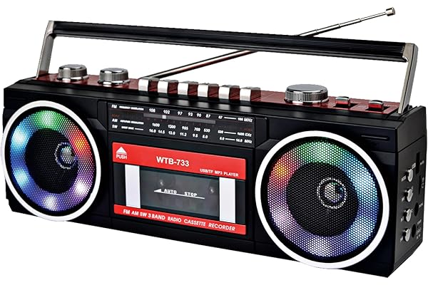 Lecteur Enregistreur à Cassettes Rétro Années 80 avec Boombox Bluetooth, Radio AM/FM/OC, Enregistrement USB, Prise Casque, Son Stéréo 16 Watts RMS, Alimentation AC/DC