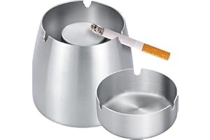 BOXLUNT Cenicero Exterior, 2 in 1 Cenicero con Tapa, Acero Inoxidable Ceniceros Originales, Antiolores Cenicero Portatil para El Hogar/Jardín/Bar/Restaurante/Oficina/Hotel - Plata