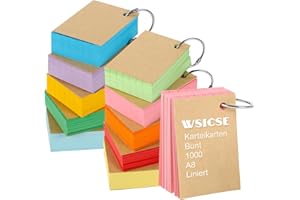 WSICSE 1000 Blätter Karteikarten A8, 150g/m² Karteikarten Liniert Vokabelkarten Blanko Moderationskarten Bunt mit 10 Binderinge 20 Kraftpapierhüllen für Schule Büro Erinnerung Präsentation (10 Farben)
