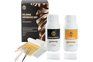 KIRIN Blattgold Kleber Set, inkl. 100 ml Kleber und 100 ml Schutzlack auf Wasserbasis,Blattgold 50 Stück Silberfolie 50 Stück,2 Pinsel,für Metallfolienblätter, Malerei, Handwerk,Heimdekoration
