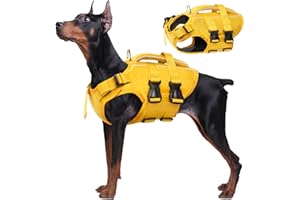 Kuoser XL Dog Life Jackets for Small Medium Large Dogs, Adjustable High Visibility Jacket with Rescue Handle, Ripstop Flotation Vest Pet Lifesaver Puppy Swimsuits Swimming Pool, Yellow