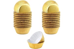 LUKIUP 100 moldes de papel para magdalenas de lámina metálica, diámetro de 5 x 3 cm, moldes para magdalenas, resistentes a la grasa, para postres, horneados, cumpleaños, bodas, fiestas (dorado)