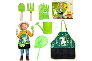 Stanew Giocattoli Attrezzi Giardinaggio per Bambini, Kit Giardinaggio Bambini con Paletta, Rastrello, Annaffiatoio, Grembiule, Guanti da Giardino e Rete da Pesca