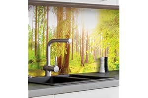 MyMaxxi Küchenrückwand Folie selbstklebend matt Versteift - einfache Montage ohne Bohren - Motiv Wald 60cm hoch - Spritzschutz Küche Klebefolie - Bäume Lichtung Tannen 280 x 60 cm
