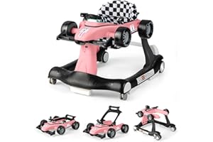 COSTWAY 4-in-1 Baby Walker, Foldable Push Along Walkers with Adjustable Height & Speed, Music, Lights, Steering Wheel, Toddler First Steps Early Development Toy, Ages 6-18 Months (Light Pink)