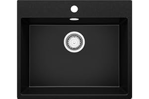 PRIMAGRAN Lavello da Cucina Nero 58x50cm, Lavandino in Granito a 1 vasca + Sifone Classico, Lavabo Incasso al mobile 60cm - Riga S172