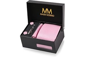 MASSI MORINO Cravate Homme - avec mouchoirs de poche, boutons de manchette et Pinces à cravates | Coffret cadeau | Accessoires de Fete de Mariage