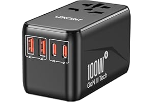 LENCENT Adaptateur de Voyage Universel GaN3 100W Chargeur International avec 2 QC4,0 USB & 2 PD3,0 Type-C PPS Charge Rapide Chargeur Mondial Type A C G I Prise USA UK Canada EU AUS Thaïlande Noir