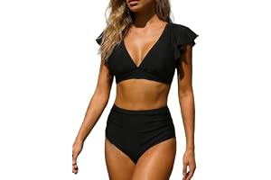 OUSIMEN Tvådelad baddräkt dam bikini set V-ringning med volangärmar hög midja formande baddräkt