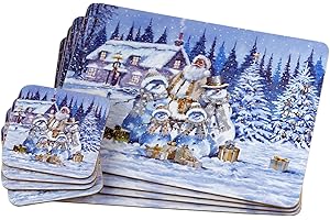 TAMERSGIFTS Sets of 4 Placemats with 4 Matching Coasters (White Christmas Placemat and Coaster Set)