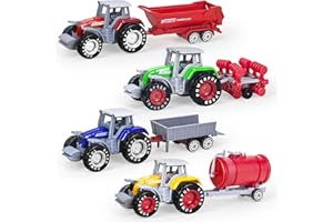 AtomDream Tech 4 Pack Farm Tractor Toys with Trailers, Plastic & Die Cast Detachable Alloy Tractors & Trucks for Kids Ages 3–8, Mini Farming Vehicles for Boys, Christmas & Birthday Gift, Cake Toppers