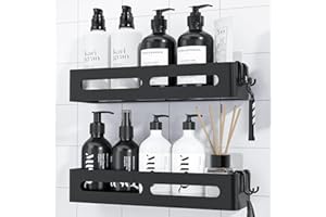 Kitsure Shower Storage - 2-Pack, No Drilling Shower Shelf with Large Capacity, Self-Adhesive Shower Caddy with 4 Removable Hooks, Black, 33.5 x 12.0 x 5.5 cm