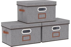 OUTBROS Scatole Portaoggetti con Coperchio, 33 x 23 x 20 cm Cesto Pieghevoli con Maniglie, Contenitori Armadio, Organizzatori per Vestiti (3 Pezzi, Grigio)