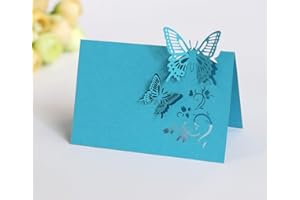 SYSUII Tischkarten Namenskarten 50 Stück Laser Schnitt 3D Schmetterlinge Platzkarten Blanko Namenskarten Hohle Sitznummernkarten für Hochzeit Geburtstag Kommunion Präsentationen DIY Tischdeko -Himmelblau