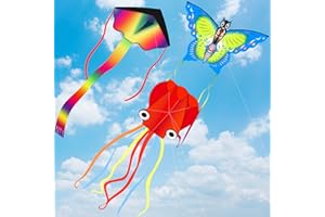 NAZANO Pack of 3 Children's Kites, Large Butterfly Kites, Colourful Delta Flight Kite and Red Octopus Wind Kite with Kite Cord for Girls Boys from 3 Years