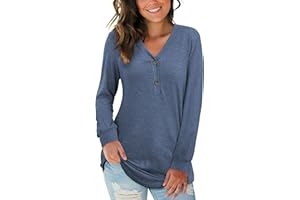 AUSELILY T-Shirt col V à Manches Longues pour Femmes Ample Décontracté Henley Chemisier Tunique Tops Bouton Blouses