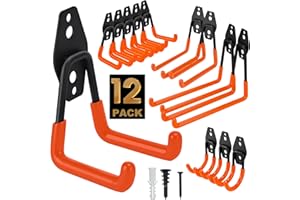TECHSHARE Garage Hooks, 12 Pack Heavy Duty Wall Hooks, 4 Sizes Storage Hooks for Garden Tools, Sports Equipment, Garage Organization