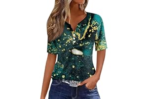 SCBFDI Women's Blouses & Shirts, Tops for Women Trendy Short Sleeve V Neck Casual Undershirt Holiday Button Down Henley Colorblock Light Sweatshirts