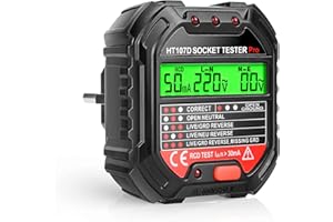 Automatyczny tester gniazd elektrycznych z ekranem LCD, Euakee 6 rodzajów diagnostyki błędów, wskaźnik napięcia i zasilania, test FI, detektor napięcia HT107D