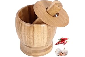 MNIXY NC Set Mortaio Pestello Mortaio Tritacarne Naturale Pestello Legno Mortaio Ciotola con Coperchio Manuale Aglio Zenzero Spezie Grinder per Macinare Spezie Aglio Noci Erbe Pesto Utensili da Cucina