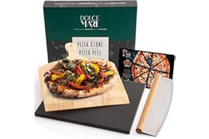 Dolce Mare Pierre à Pizza Noire en kit avec Pelle à Pizza en Bois et Roulette à Pizza – Brique en cordiérite de Haute qualité pour Four et Barbecue