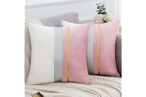 Serento Juego de 2 Fundas para Cojines 45x45 Funda de Almohada Cuadrado Terciopelo Lujo Empalme con Cuero a Rayas Doradas Fundas Decorativas para Sofá Cama Silla Sala de Estar Hogar, Rosa