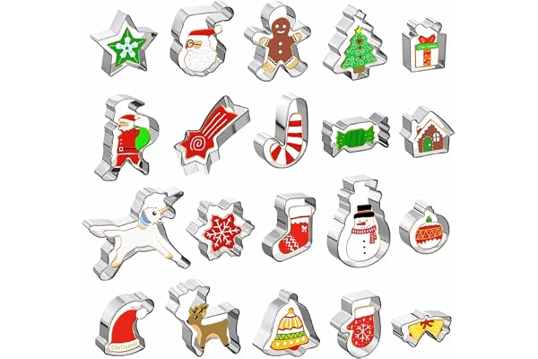Gwhole Lot de 20 Emporte Pièces Noël en Acier Inoxydable Moule à Biscuits Cookies Sablés Patisserie Decoupoir en Forme Père Noël, Licorne, Flocon de Neige, Arbre de Noël