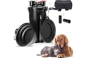 LOW&EE® Botella de Agua para Perro Portátil - Envase de Agua 2 en 1 para Comida y Bebida para Mascotas con 2 Cuencos Plegables - Bolso Dispensador Excrementos y 30 Bolsas (Negro)