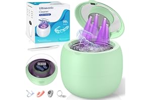 GRUTOLY Pulitore Ultrasuoni 48000Hz Ultrasonic Cleaner, 210ML Portatile Dental Pod con 6 Luci Automatiche di Pulizia UV Per Protesi, Allineatori, Apparecchi Ortodontici, Testine Di Spazzolini, Gioielli