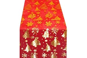 MELEAGER Runner da Tavola Natalizio, Rotolo Runner Natalizio Rosso, Runner da Tavola in Organza(Albero di Natale Dorato), 28cmx500cm, Decorazioni per Natalizie, Avvento, DIY, Feste, Matrimoni, Compleanni