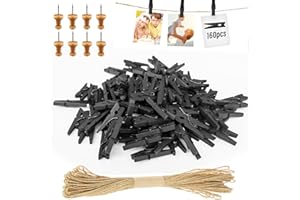Hengxinchen 168 Pezzi Mollette Legno Piccole Nere 25MM per Matrimonio, Foto, Polaroid Con 10M Jute String - Mini Mollette per Esposizione a Parete DIY