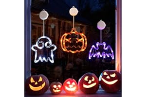 LOLStar Halloween Lights Decorations, 3 Pack Orange Pumpkin White Ghost Purple Bat Window Lights with Suction Cups, Battery Operated Halloween LED Lights Window Decor 2025 Slow Fade Mode and Timer