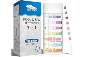 RUNBO Bandes de test 7 en 1 pour piscine et spa, 150 pièces, pour tester avec précision le brome, l'alcalinité totale, le chlore libre, la dureté totale, l'acide cyanurique et le chlore total, le pH