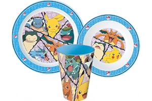 OM SUPPLIES Microwave Safe 3pcs Cartoon Character Dinner Tableware Set Plate, Bowl & Cup, BPA Free re-usable Plastic (Pokemon)