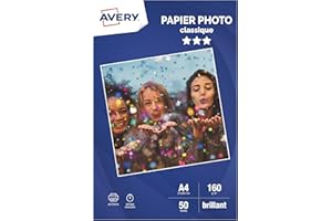 AVERY - 50 feuilles de papier photo 160g/m² brillant. Format A4. Impression jet d'encre.
