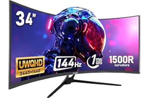 Gawfolk Monitor Ultrawide Da 34 Pollici 1500R Curvo 144Hz Monitor Per Computer Da Gioco, 21:9 UWQHD (3440x1440) schermo,Adaptive Sync,HDR,Angolo di visione 178°,HDMI,Display Port,VESA75×75MM-Nero