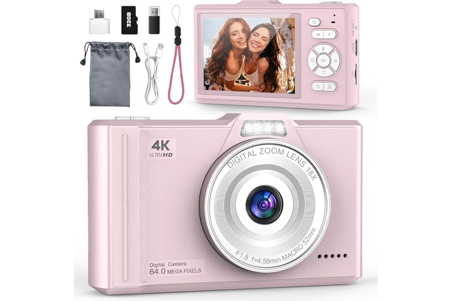 QIVORO Digital Camera 4K 64MP Compact Portable Photo Camera,18X Digital Zoom Autofocus | Anti-Shake,2.8" IPS Screen with 32GB SD Card & OTG Adapter,Vlogging Camera for Kids Teens Students Beginners