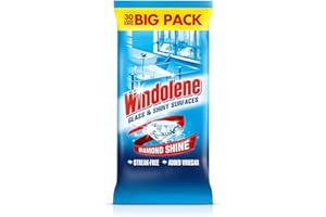 Windolene Glass & Shiny Surfaces 30 Wipes - Pack of 10 | Streak-Free Cleaning for Windows, Mirrors, Cars | Safe on Glass, Formica, Vinyl, & Plastic Surfaces