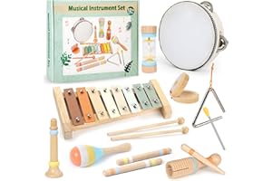 GIBOHOM Musikinstrumente für Kinder ab 1 Jahr, 9 in 1 Montessori Spielzeug Percussion Instrumente Holz mit Trommel Kinder, Xylophon, Baby Musikspielzeug Weihnachts- und Geburtstagsgeschenk für Kinder