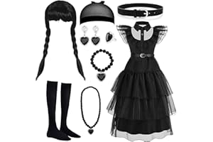 MWZEAUL Disfraz Halloween para Niña, 8 Piezas Halloween Disfraz Vestido con Peluca y Accesorios de Joyería, Vestido Costume Niña para Cumpleaños halloween Carnaval Cosplay Fiesta para 5 6 Años, 120cm