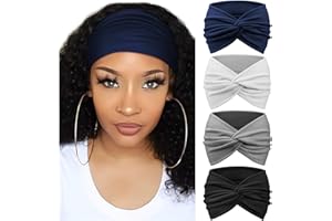 AQOKKA Extra Wide Headbands for Women Large Turban Headband Non Slip Boho Elastic Hairband Hair Twisted Knot Head Bands Accessories（Navy Blue, White, Grey, Black）