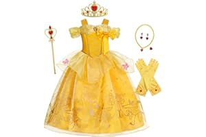 Febbabe Princess Belle Costume for Girls Off Shoulder Dresses Fancy Party Dress Up Kids Children's World Book Day Birthday Outfit Gift Halloween Cosplay with Accessories
