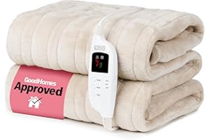 LIVIVO Electric Heated Blanket, 160x130cm – Ultra Soft Fleece Electric Over Blanket Throw with 9 Heat Settings, Timer, Auto Shut-Off – Energy Efficient & Machine Washable - Beige