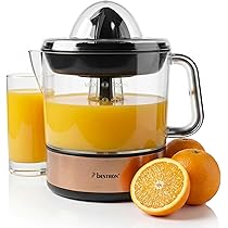 Bestron elektrische Citruspers, Sinaasappelpers incl. 2 perskogels en aromadeksel, motor met twee draairichtingen (links/rechts), sap reservoir: 0.7 liter, 40 Watt, kleur: koper